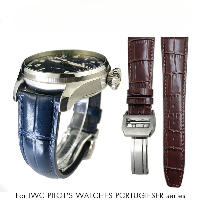 Real   20mm 21mm 22mm Watch Strap for IWC Portugieser Pilot Watches Portofino Brown Black Blue Cowhide Watchband Mens