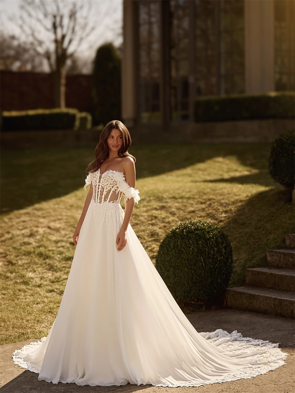 Customized Soft White Chiffon Wedding Dress Sexy Sweetheart Off the Shoulder Bridal Gowns Boho A-Line Court Train Robe de mariée