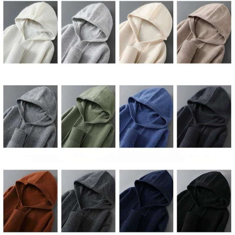 سترة بغطاء للرأس من الصوف الأسترالي 100% - أبيض كريمي (12 لونًا) S-XL ملابس تريكو للخريف والشتاء هوديي مصنوع من الصوف الخالص #6