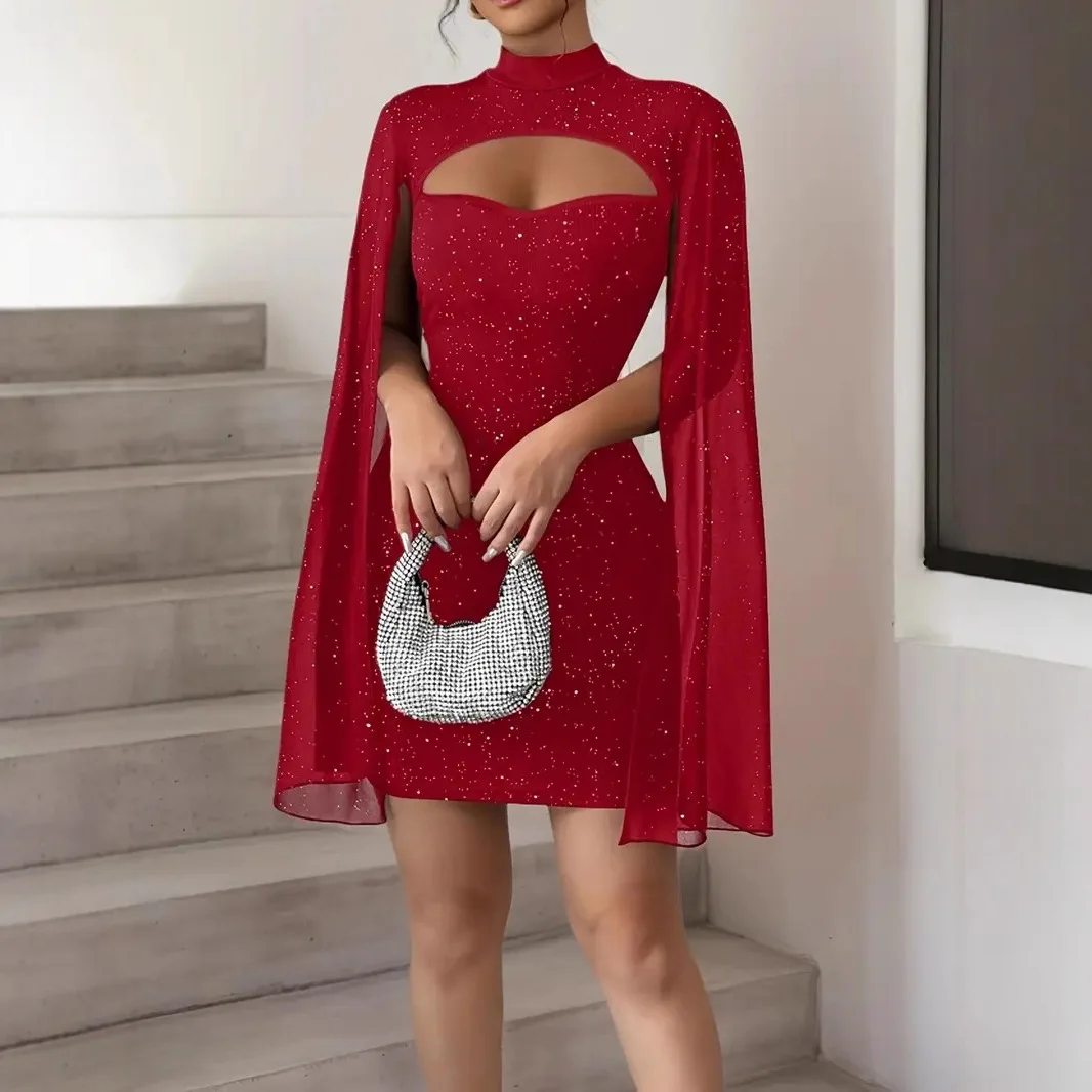 

Sexy Elegant Evening Party Dresses Women Round Neck Pit Stripe Sequin Chiffon Cape Sleeve Wrapped Hip Dress New Fashion Casual