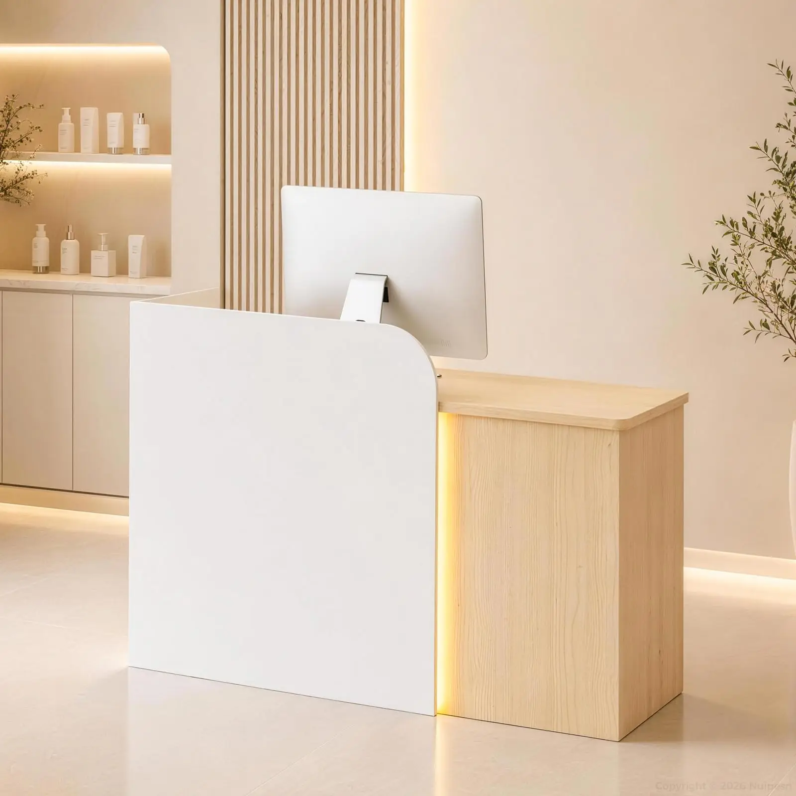 Two-Tone Reception Desk with LED Lighting and Lockable Drawer, Front Desk Counter for Salon, Clinic and Retail