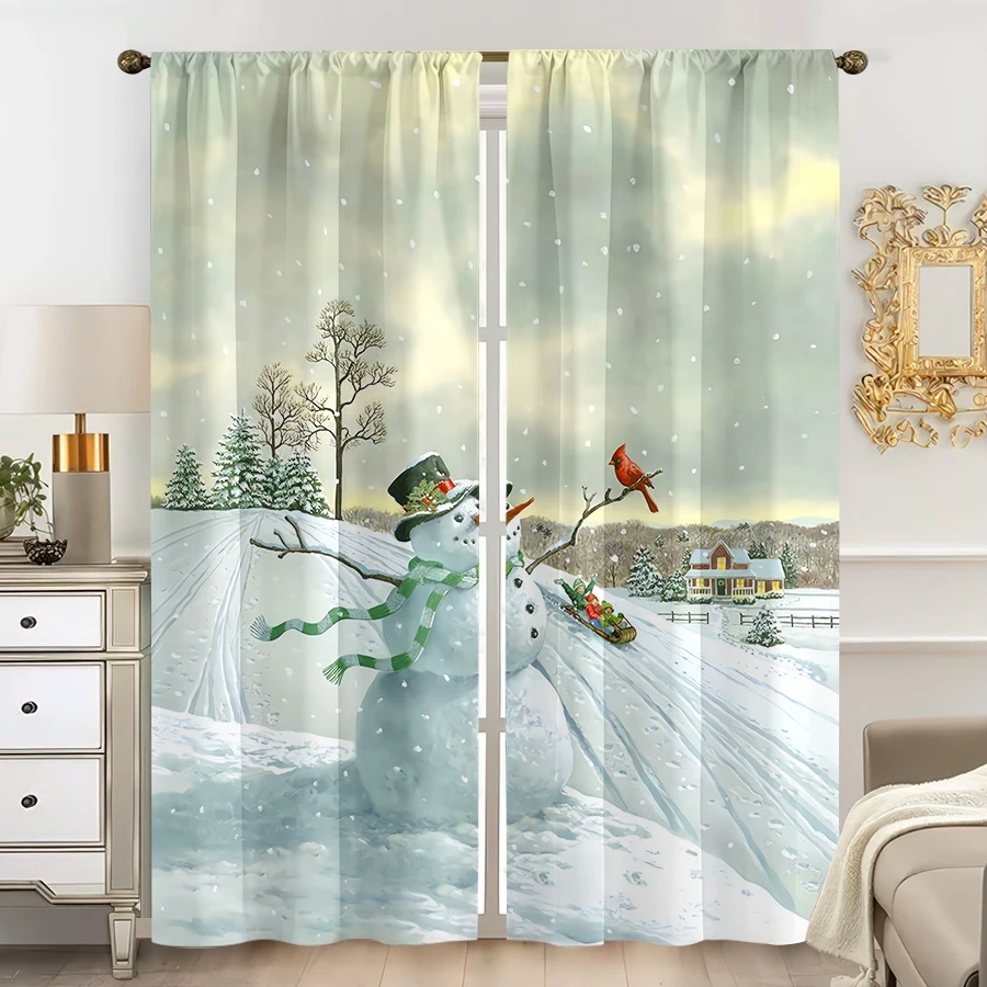 2PCS Christmas Winter Curtains, Snowman Cardinal, Digital Print, Bedroom Living Room Kitchen, Rod Pocket Polyester, Home Decor
