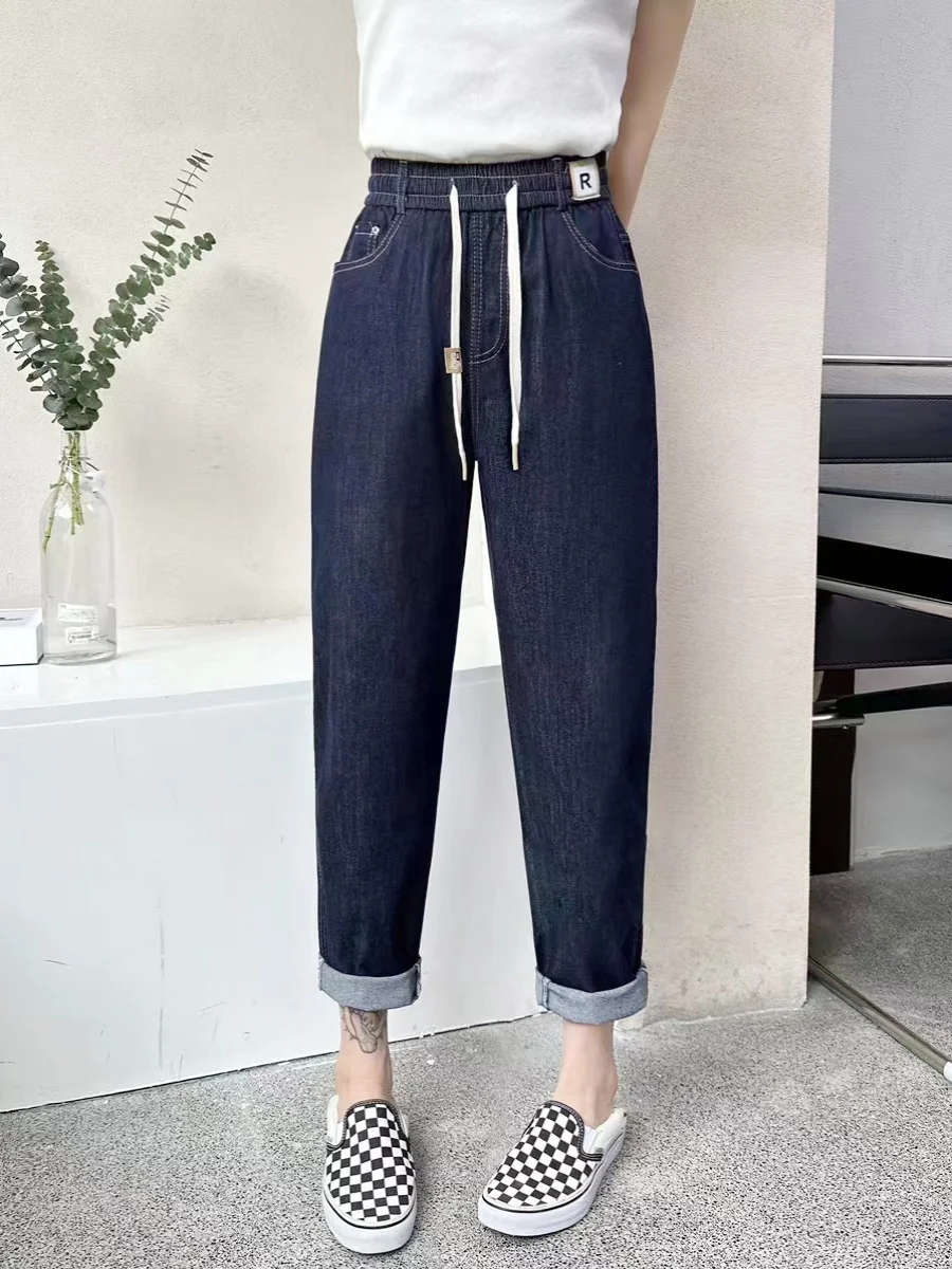 

Новые летние женские свободные утягивающие легкие джинсы с высокой талией, шелковые тонкие драпированные брюки-морковки Harlan, летние повседневные хлопковые джинсы