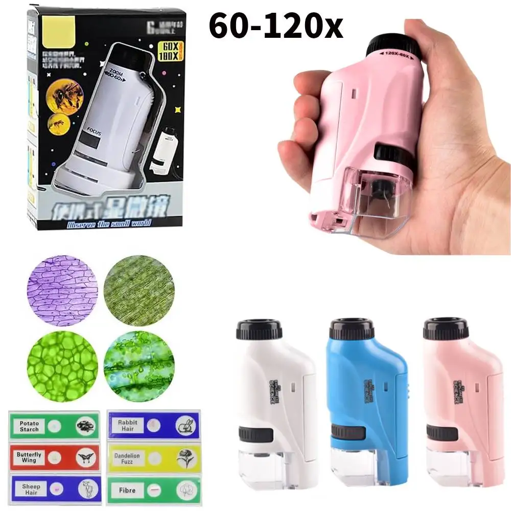 60-120x Mini Handheld Microscope Kit Pocket Microscope With LED Light Home School Biological Science Educational for Children