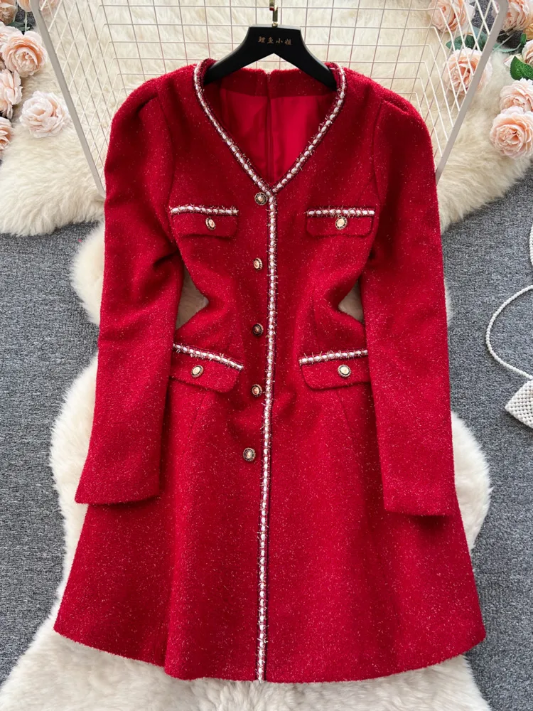 New Women's Tweed Mini Dress 2024 Spring Korean Fashion Long Sleeve Woman Party Vintage Red Woolen Dresses Elegant Vestidos