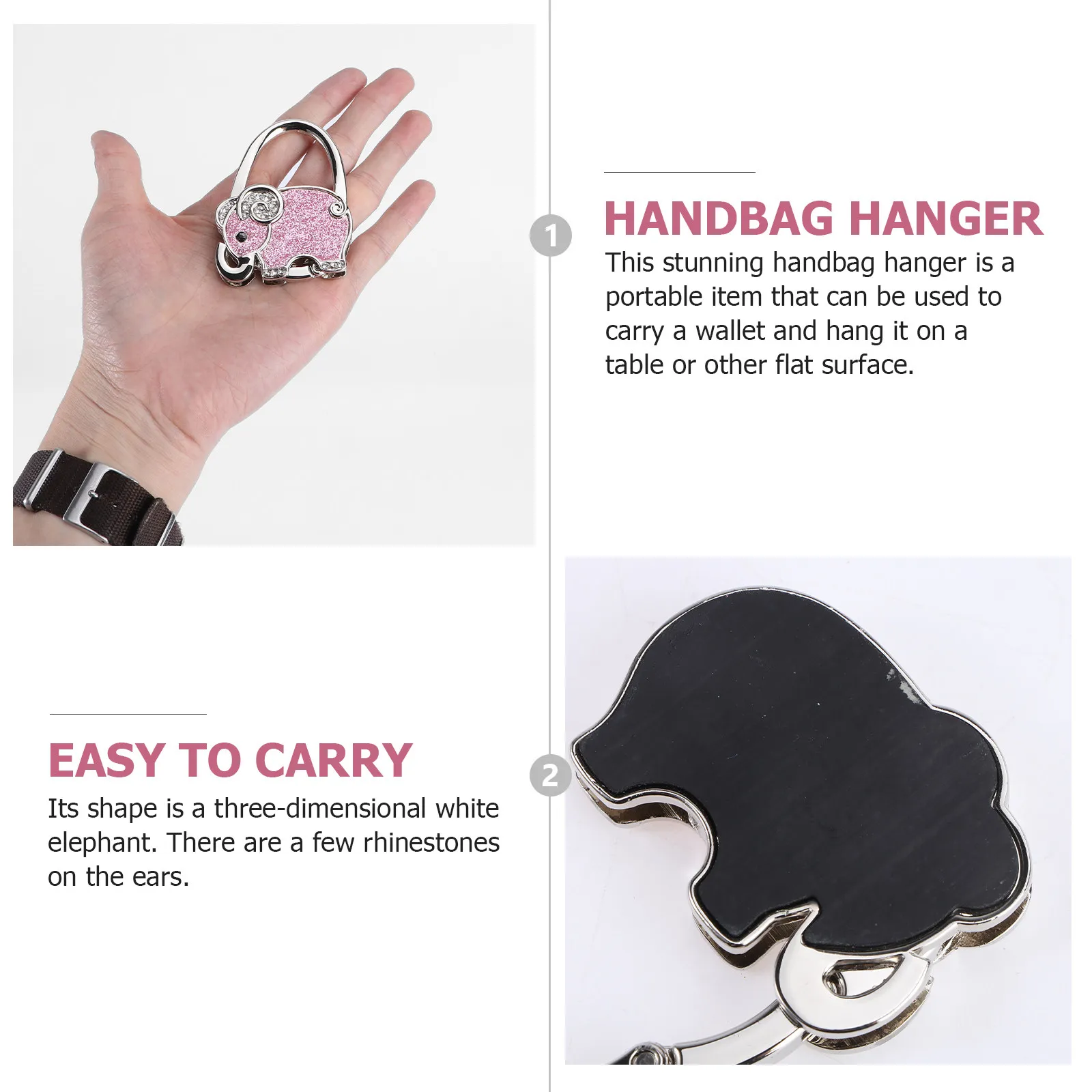 Foldable Pink Elephant Handbag Hanger Rhinestone Table Hook Purse Bag Holder Never Fade Rust Free Handbag Hook Holder