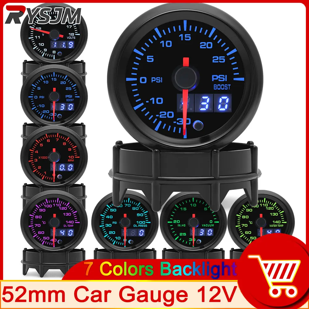 2'' 52mm 12V Turbo Boost Gauge 30 PSI 7 Colors Turbo Boost Gauge with Stepper Motor Tachometer Water Temperature Oil Temp Meter