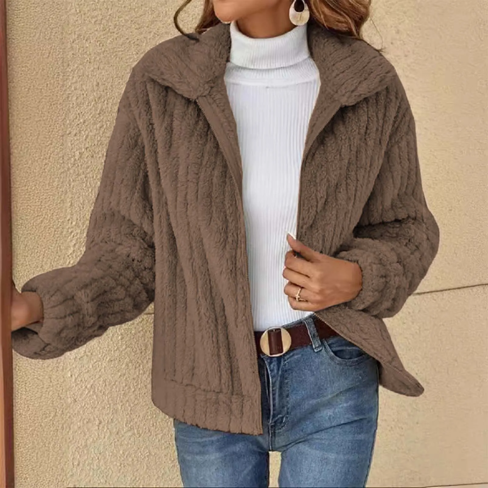 Abrigo de lana de Color liso para mujer, chaqueta holgada Simple de manga larga con cremallera y solapa, cálida y cómoda, moda de otoño e invierno