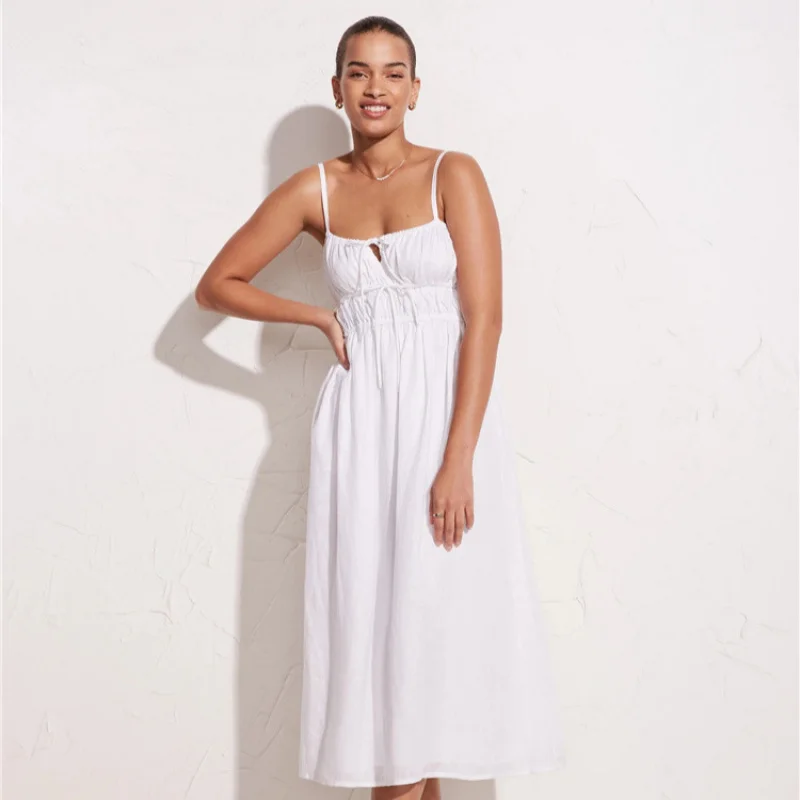 

386Spot GoodsRefSolid Color Linen Strap Dress2025Summer New French Retro Style European and American Women