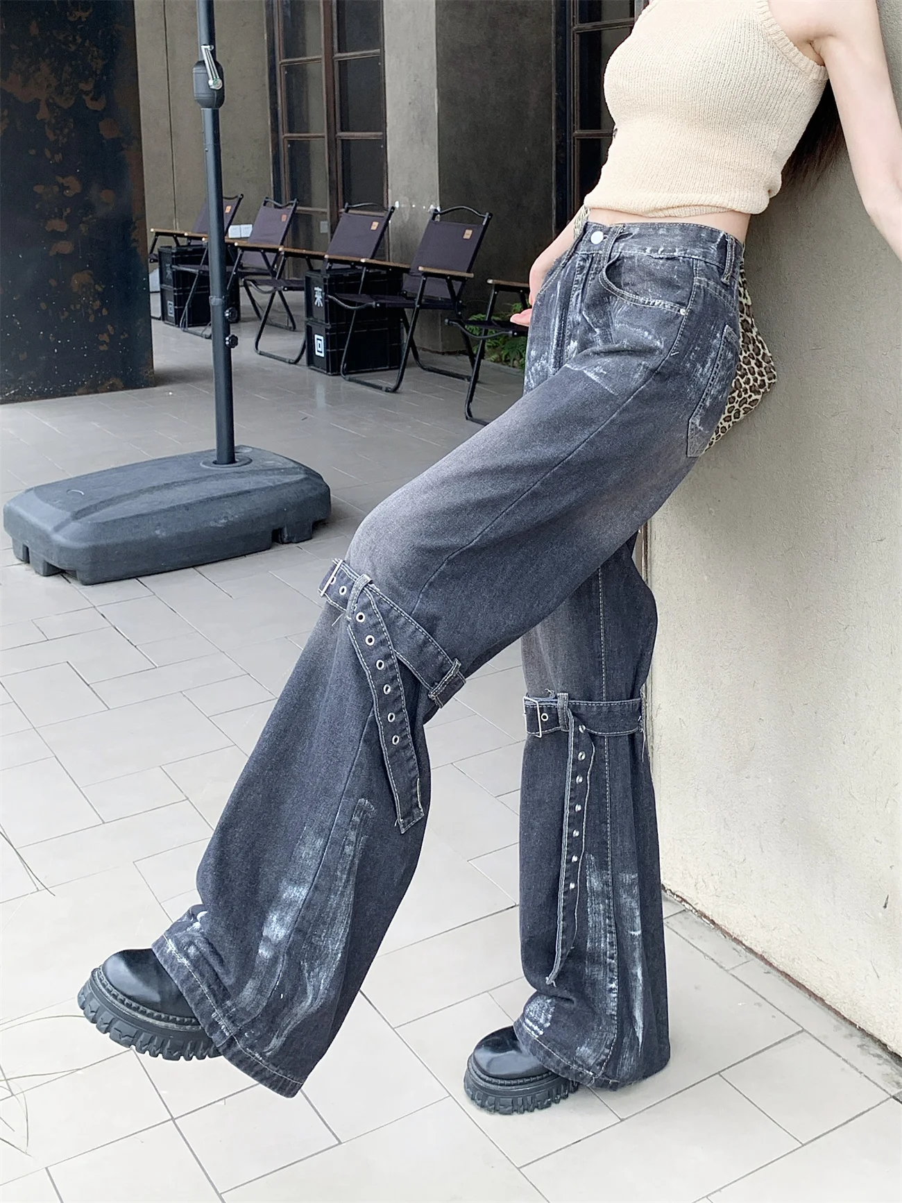 Gothic Style Bandage Trendy Women's Jeans Vintage American High Street Pants for Women Street Personality Fashion Jeans Woman