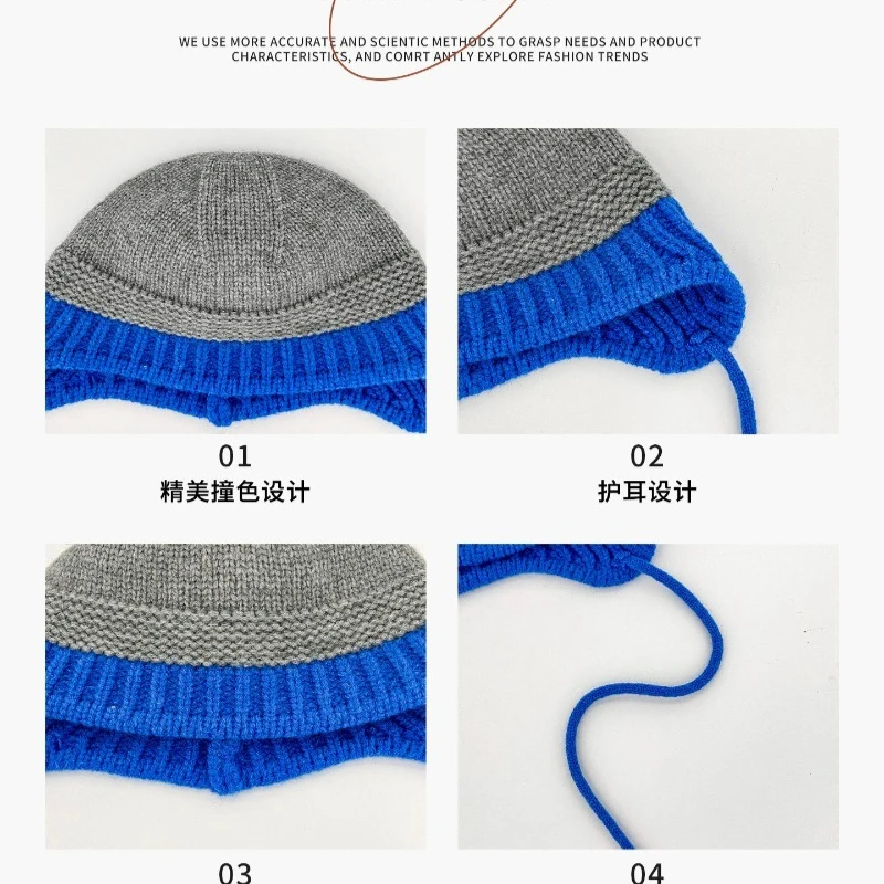 Japanische Kontrastfarbene Schnürmütze für Herbst und Winter, Großkopf-Modell, Outdoor-Radfahren, Warmer Ohrenschutz, Bombermütze – Detail 6
