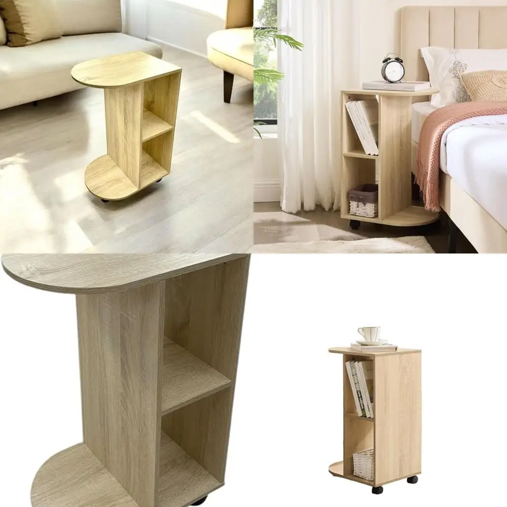 

Rolling Oak Portable Side Table with Storage for Sofa or Bed, Ideal for Small Spaces, Modern and Easy Assembly