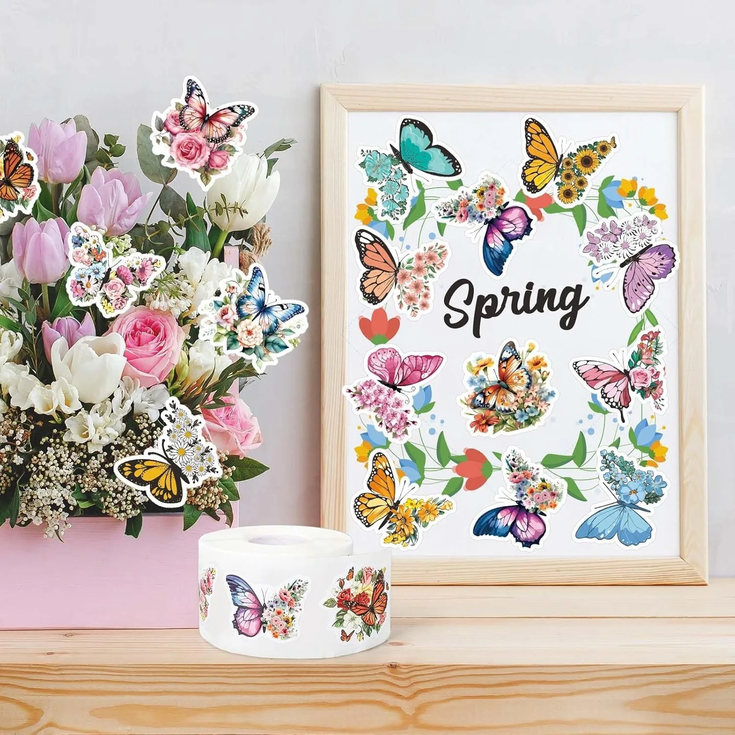 500Pcs /1 Rolls 3.8cm/1.5 inch Butterfly Flower Shaped Sticker Decoration Gift Box Sticker Label Stationery Sticker