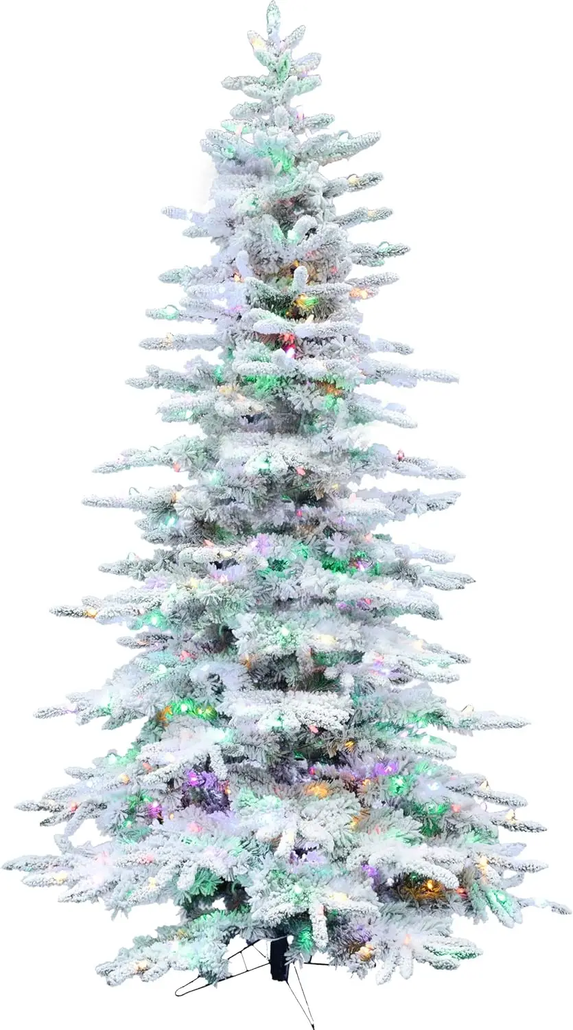 9-ft. Pine Valley Flocked Christmas Tree with Dual Multicolor & Warm White LED Lights, Snowy Xmas Tree