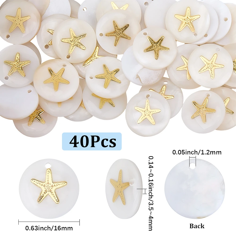 40Pcs Freshwater Shell Pendants Flat Round Charms with Metal Shell Slices Golden Seashell Color 16x3.5~4mm Hole: 1.2mm