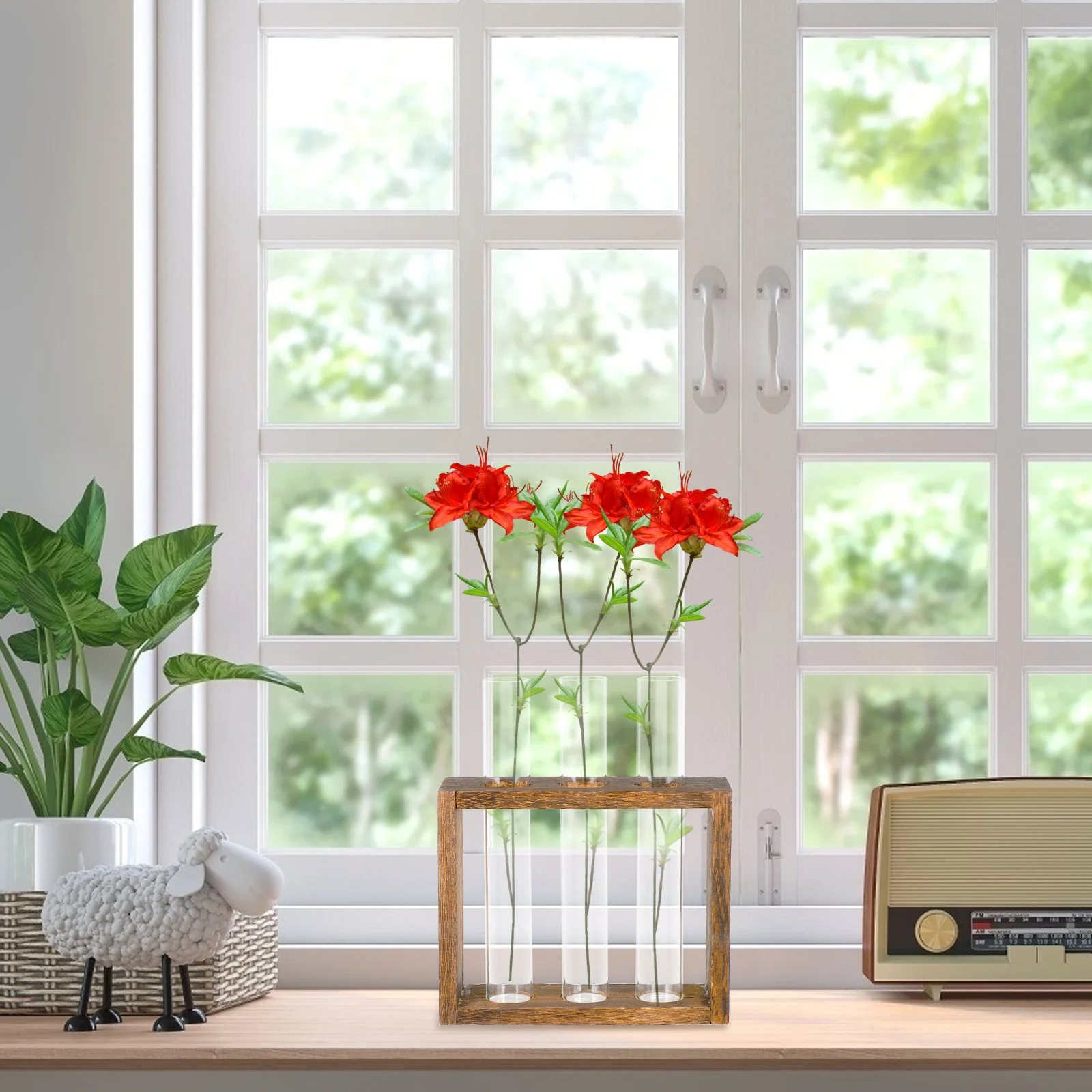 

1 Set Wooden Stand Glass Test Tube Vase Desktop Plant Terrarium Hydroponic Planter Water Planting Container Home Office Decor