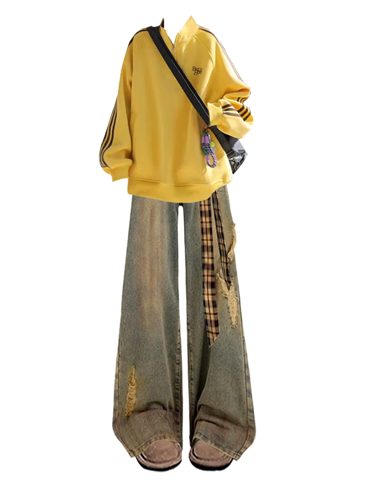 Ensemble sweat-shirt et jean ample décontracté pour femme, pantalon en Denim déchiré avec trous, tenue deux pièces américaine, taille confortable, hiver