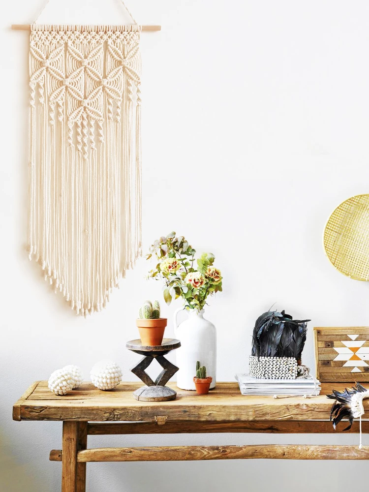 Handmade Bohemian Woven Wall Hanging Tapestry Art Background Cotton Long Rectangle Home Decor Cushion Cover Throw Pillow