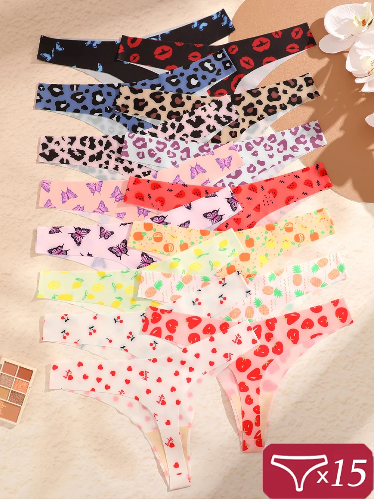 

15PCS Женщины Безшовные Трусики Лед Шелк G-Струнка Странги Сексуальное V Талия Женское Мягкое Нижнее Белье Леопард Бабочка Печать Сексуальное Нижнее Белье
