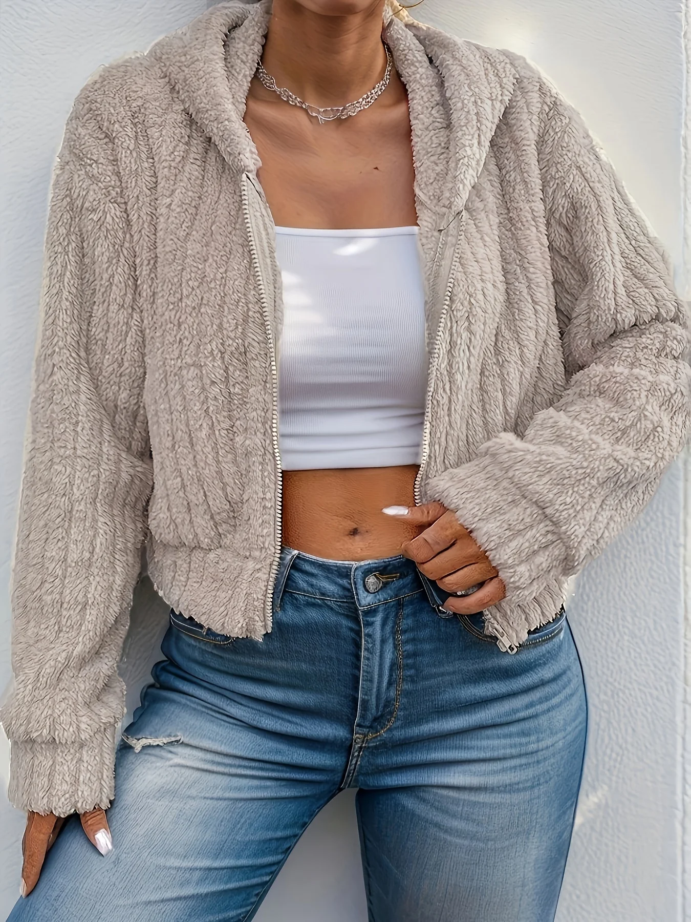 Elegant Faux Fur Zip-Up Hooded Jacket for Women - 100% Polyester Solid Color Cozy Short Coat for Fall/Winter