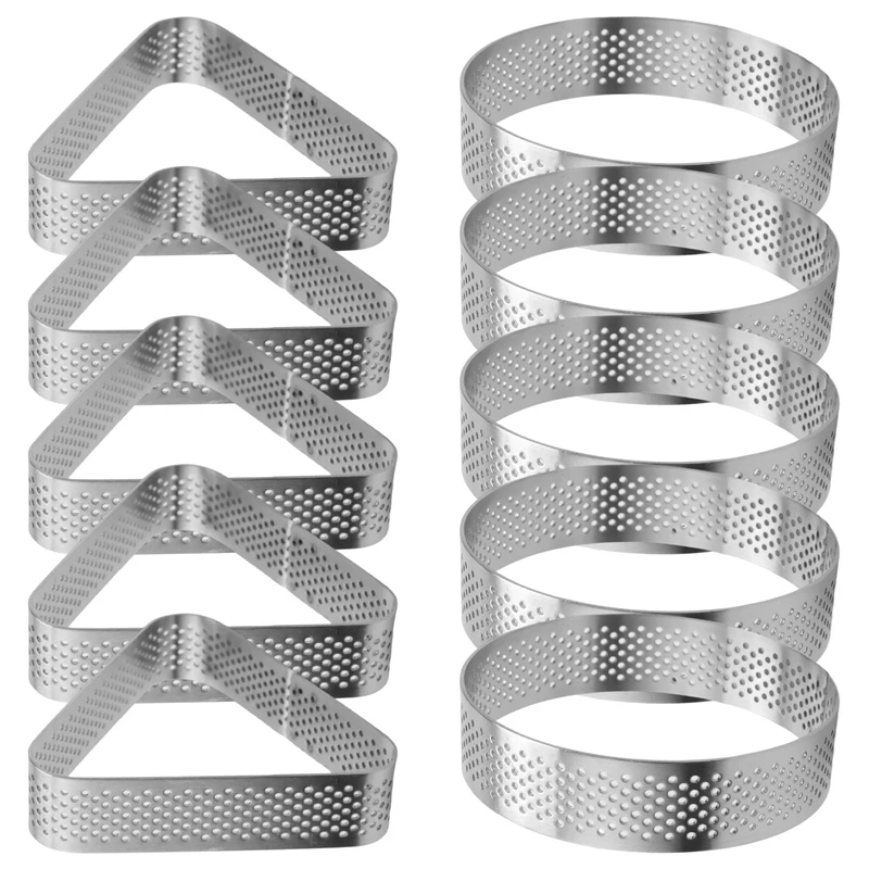 

10Pcs Round & Triangular Stainless Steel Tart Ring Tower Pie Cake Mould Baking Tools Perforated Dessert Cake Mousse Ring