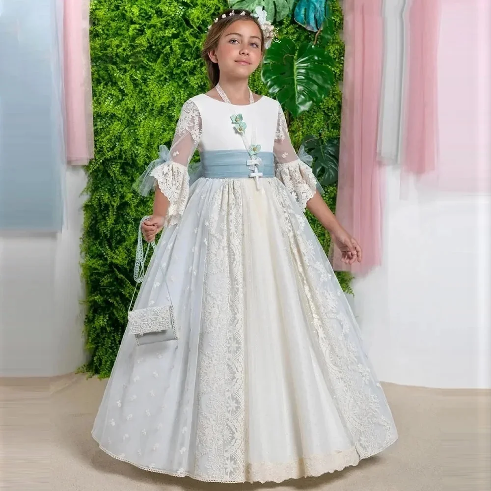 Custom Luxury Flower Girl Dress Wedding Gown Birthday Party Pageant Catwalk Bell Sleeve Lace Maxi Dress فساتين اطفال