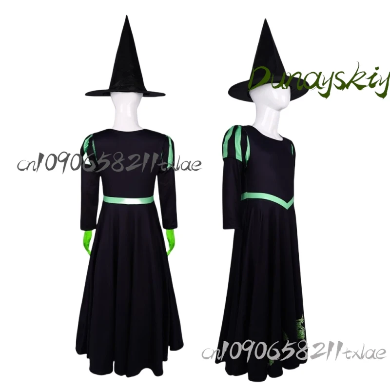 Wicked Musical Elphaba คอสเพลย์ชุดวิกผมหมวกสีดํา Victorian กระโปรงชุด STAGE Performance ปาร์ตี้ฮาโลวีนที่กําหนดเอง