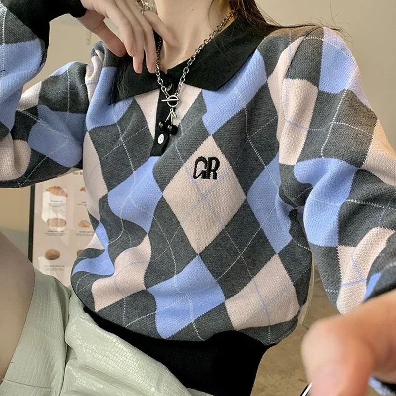 Vintage Contrast Color Crop Tops Argyle Plaid Turn Down Collar Knitted Pullovers Autumn Winter 2022 Korean Fashion Sweaters