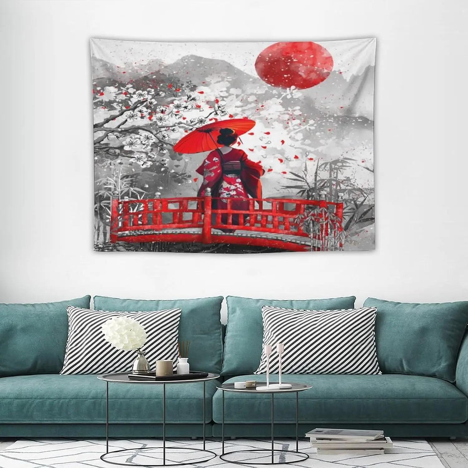 Japanese Red Geisha Tapestry Asian Cherry Blossom Red Sun Traditional Kimono Folk Tapestries Home Decor for Living Room Bedroom
