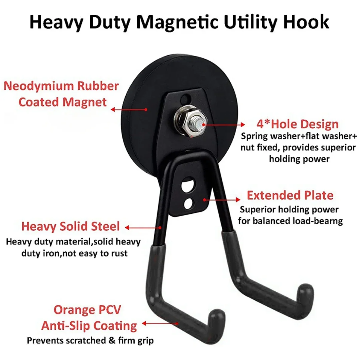خطافات مغنطة للجراج ، شماعات للخدمة الشاقة بطبقة مانعة للانزلاق ، مغناطيس قوي ، خطافات معدنية ، مغنطيسية ذات فائدة ، 2 order