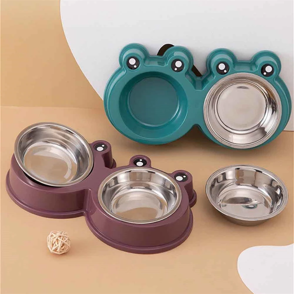 Cute Frog Shape Pet Feeder Stainless Steel Double Bowl Cat Puppy Feeding Supplies Small Dogs Universal Drinking and Feeding Dish