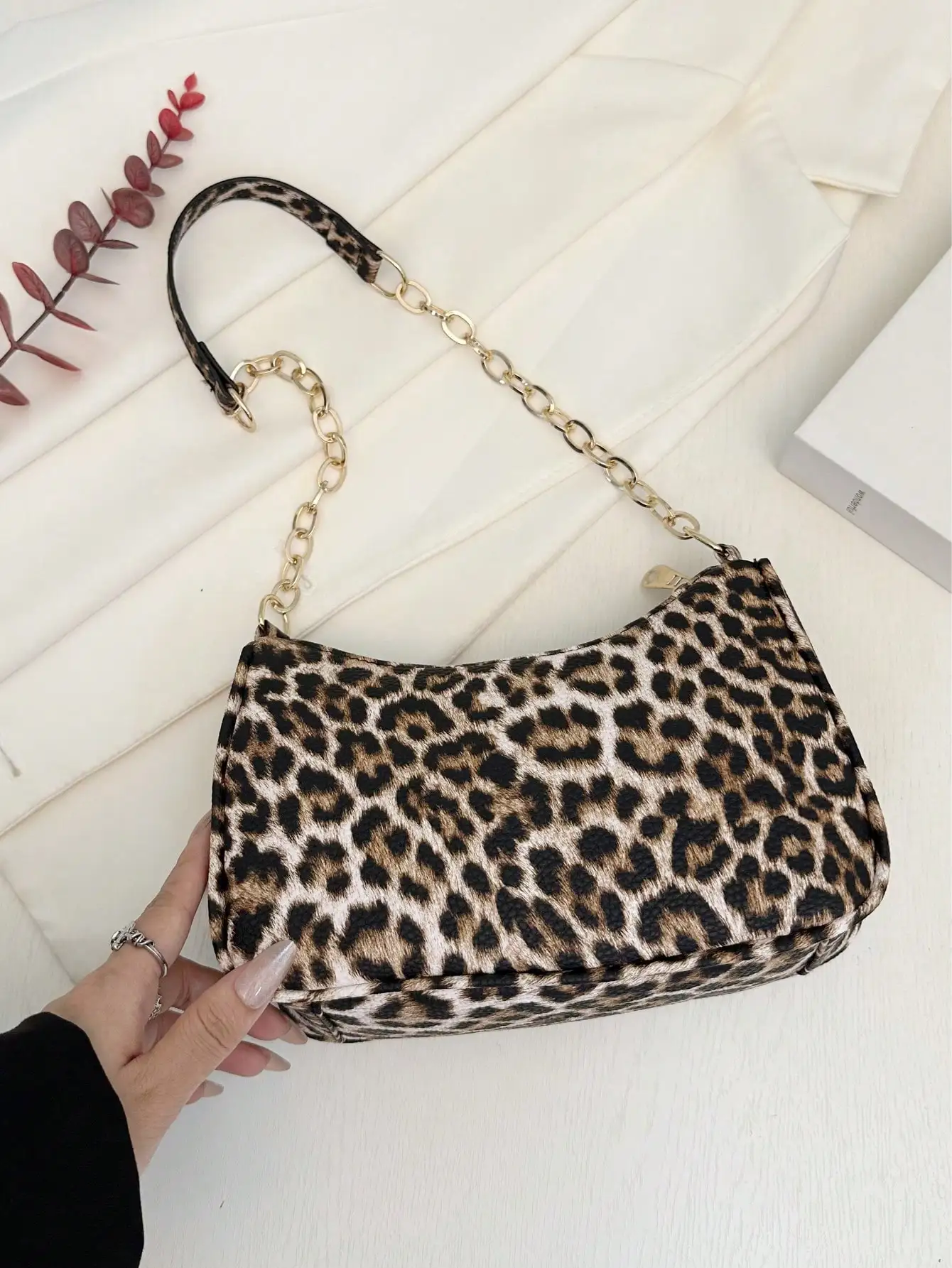

Leopard Print Crescent Crossbody Bag with Gold Chain Strap