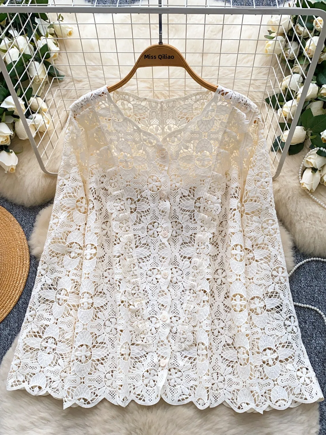 

Autumn Faion Lace Hollow out Hook Flower Women's Casual Sle Overhead Top Breathable Polyester Fiber Long Sve Commute