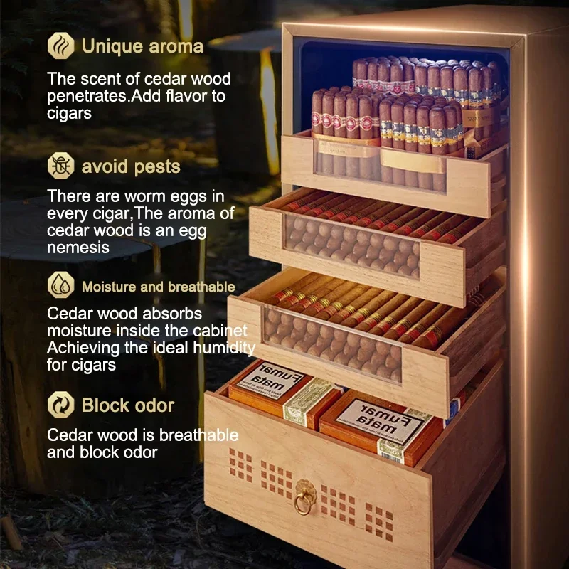 Armario de cigarros de humedad y temperatura constante, estante de capa de madera de cedro, refrigerador de aire electrónico, congelador, oro rosa