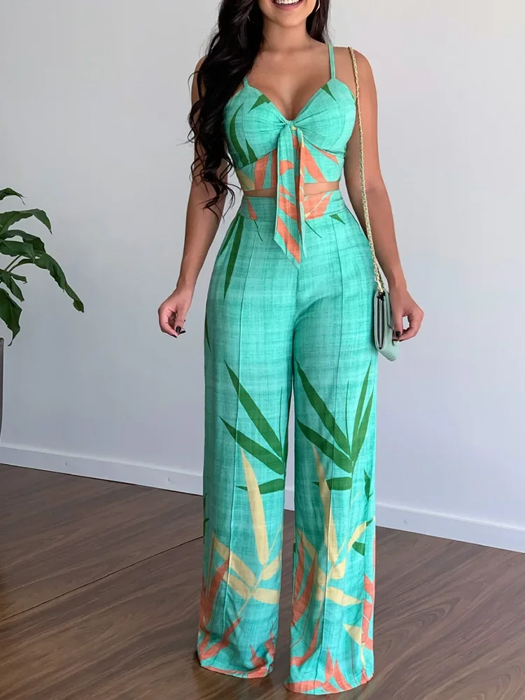 Leaf Print Backless Spaghetti Strap Cami Tops & High Waist Wide Leg Pants Set Summer Women Two Piece Set