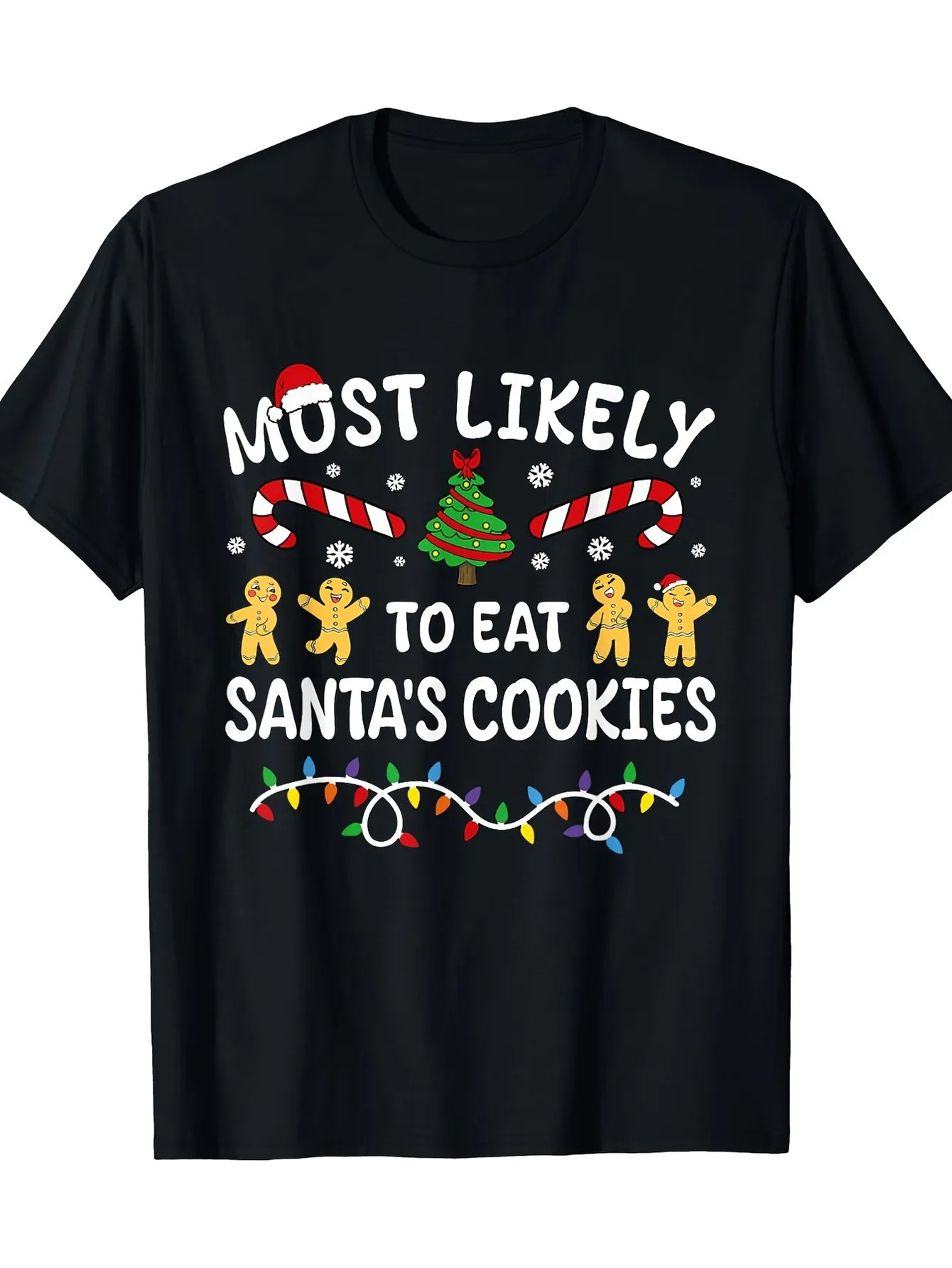 

Men's 100% Cotton Christmas T-Shirt - "Most Likely to Eat Santa" Humorous Design, Gingerbread Man and Lighti