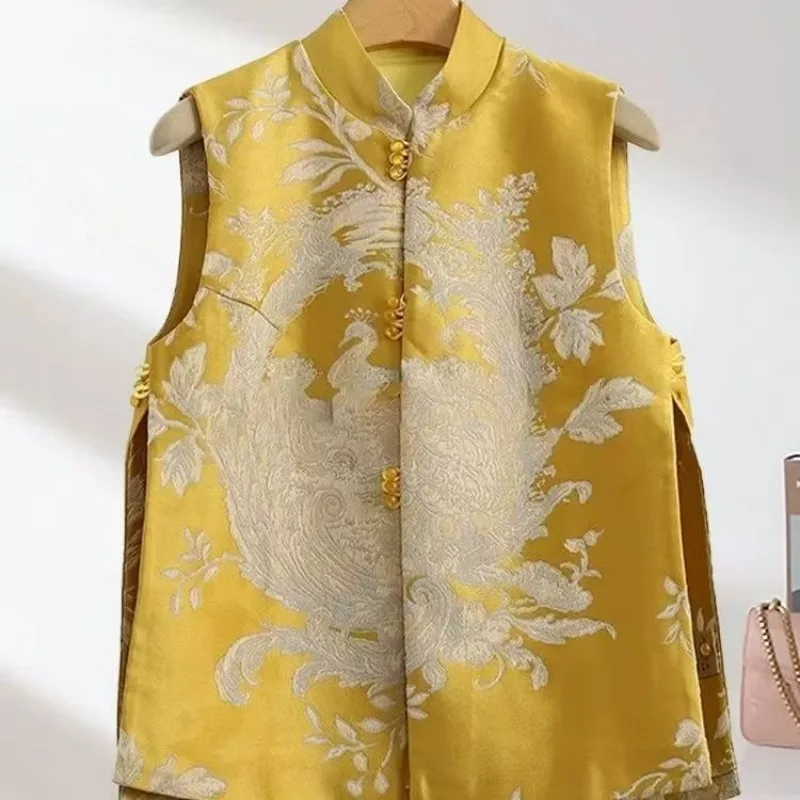 Yellow Phoenix Print Chinese Style Traditional Satin Suit Women Jacket Tang Suit Cheongsam Spring Summer Vest Vintage Coats 2025