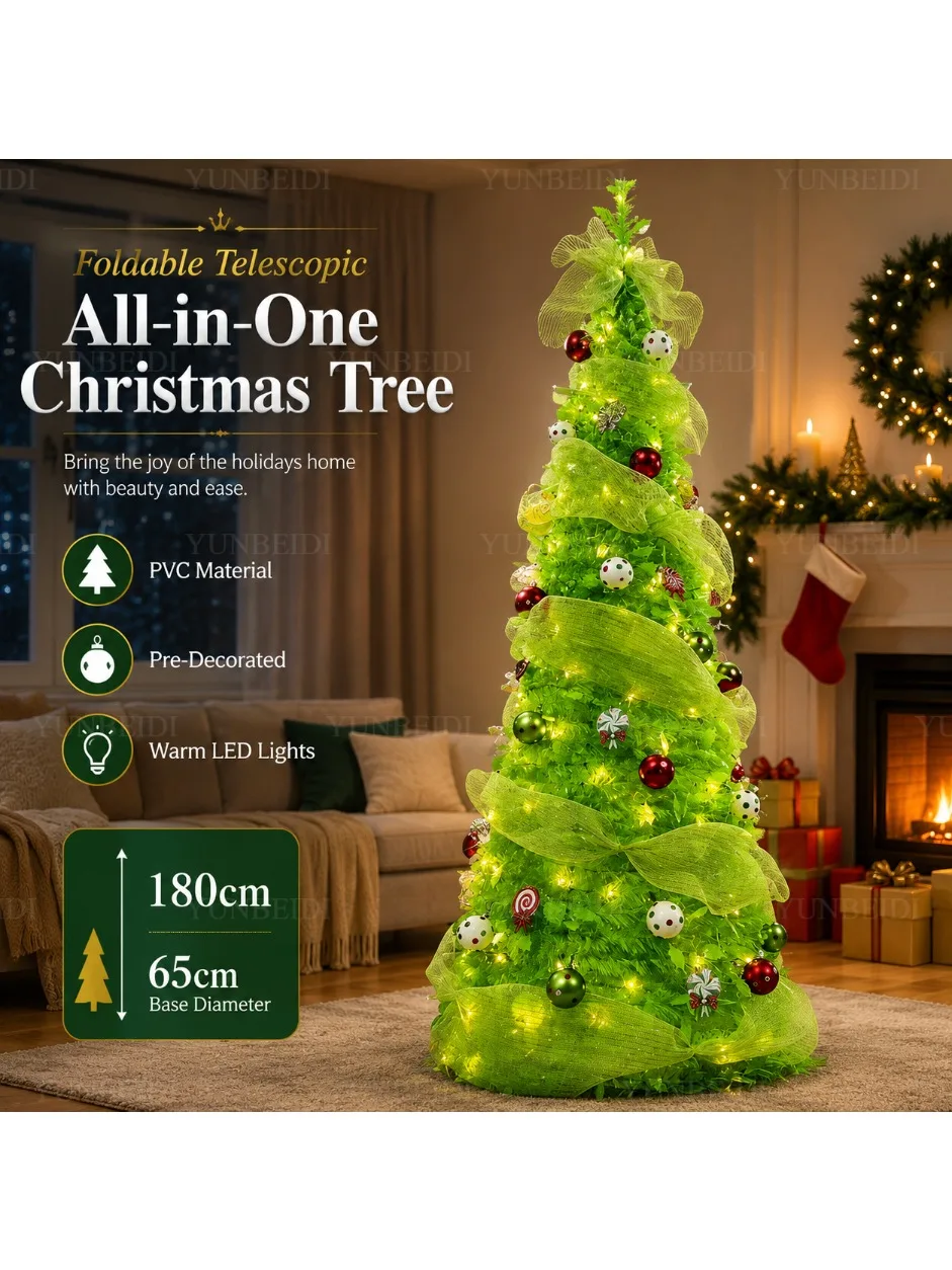 Neuer grüner faltbarer Weihnachtsbaum mit Ornamenten, LED-Beleuchtung, hochwertiger integrierter Weihnachtsbaum 1,8 m, Dekoration für Familien-Weihnachtsfeier.