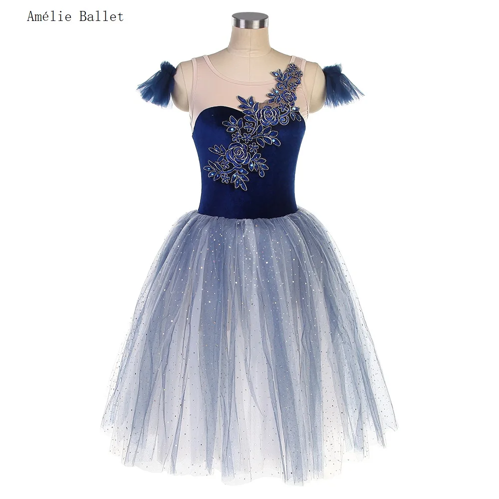 

21319 Royal Blue Velvet and Mesh Leotard with Attached Floral Lace Appliques Romantic Tutu Skirt Girls & Women Performance Dress