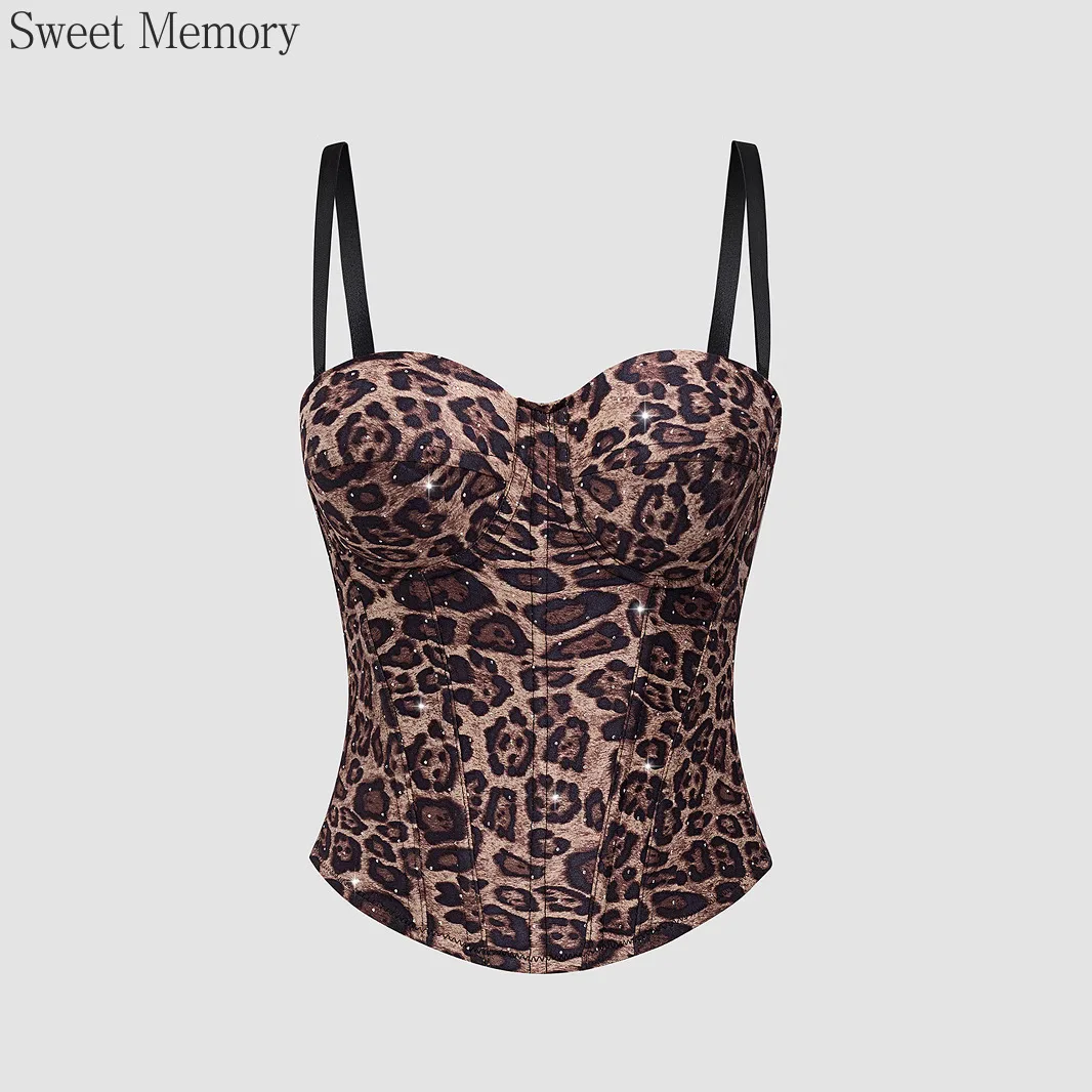 

M352 Sweet Memory 2025 Бархатный жилет на подтяжках с леопардовым принтом и эластичным сбором и корсетом для коррекции рыбьей кости Женские топы