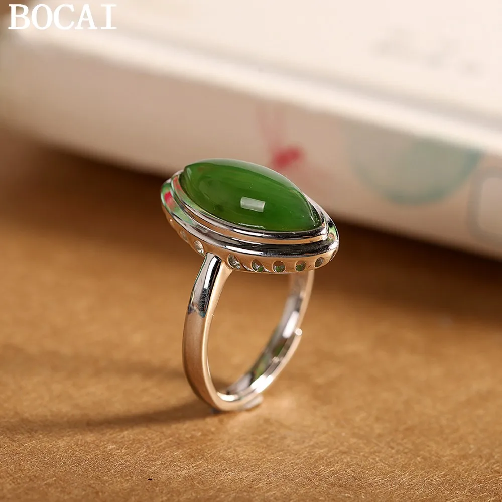 

BOCAI NEW S925 Pure Silver Simple And Fashionable Inlaid Hetian Jade Horse Eye Open Ring Women's Style