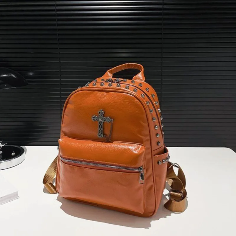 حقيبة ظهر متقاطعة بسلسلة مرصعة بتصميم عتيق للفتيات من الجلد بسعة كبيرة حقيبة نهارية للسيدات Harajuku Y2k موضة Mochilas Mujer Chic #6