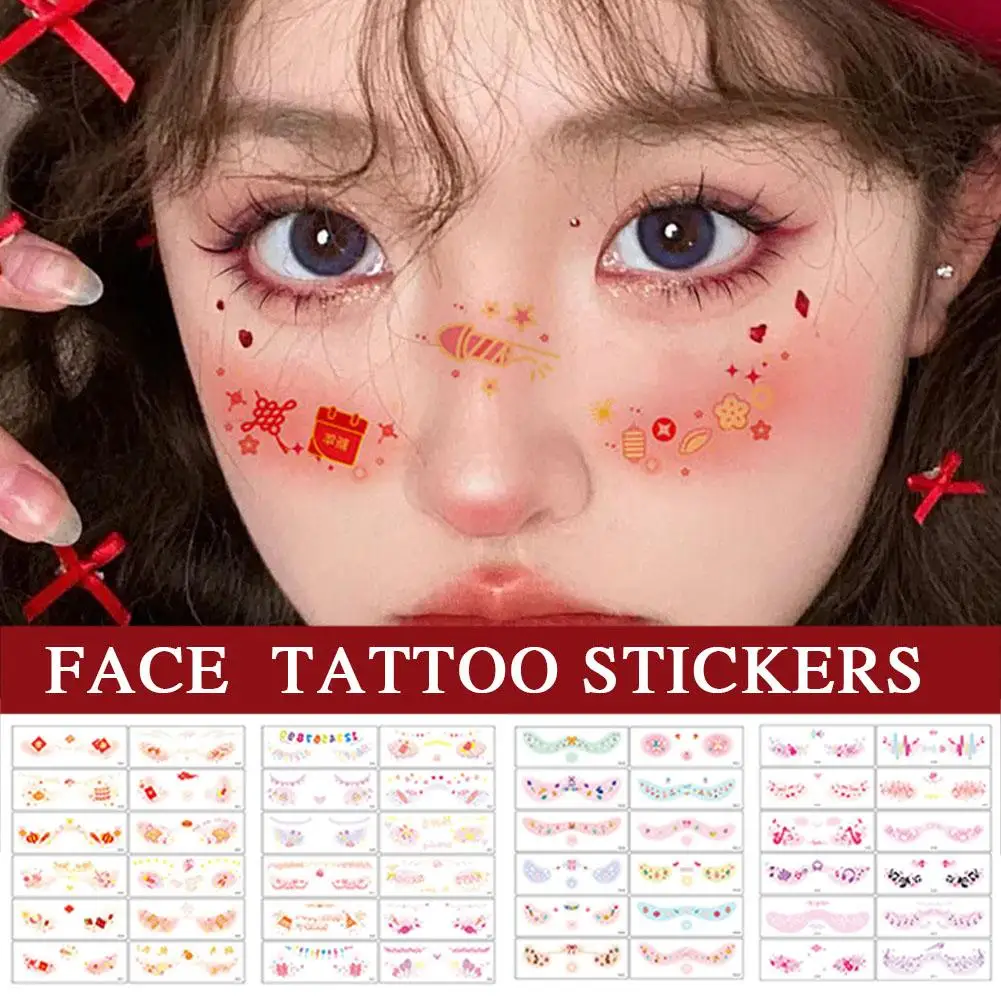 Trendy Glitter Face Tattoo Waterproof Temporary Face DIY Year Makeup Sticker New 2025 N Red Patches EWW Tattoo M7V1