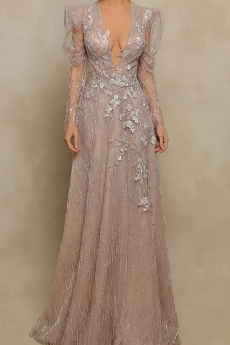 Abito da ballo con scollo a V profondo illusione Abito da sera lungo a trapezio Abito di piume di lusso Abiti da cocktail con perline di paillettes cucite a mano