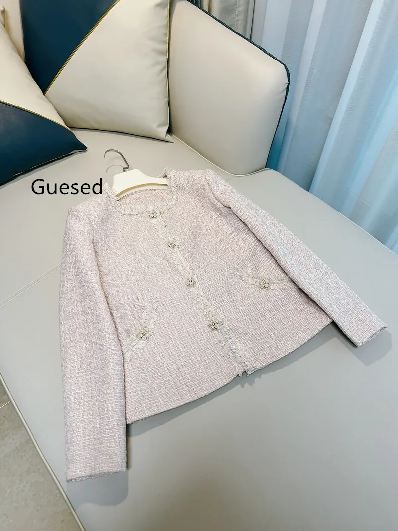 Tweed Coat for Women Light Pink Short Outwear Single Breasted Flower Button Tassel French Design Gentle Top Quality New Arrival