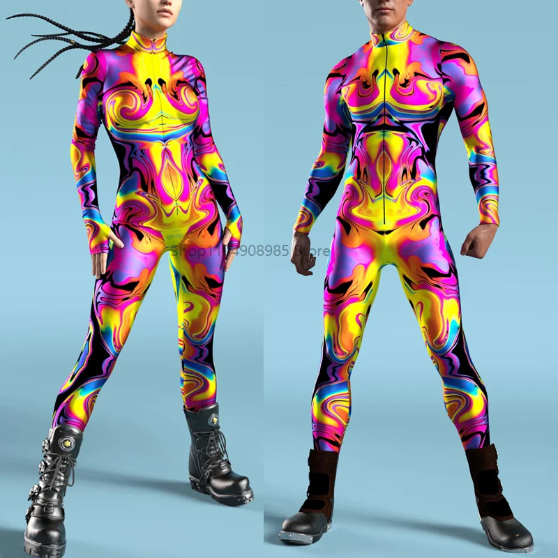 

Acid Liquid Costume Adult Steampunk Tight Jumpsuit Cosplay Costume Halloween Party 3D Digital Printing Bodysuits Rompers