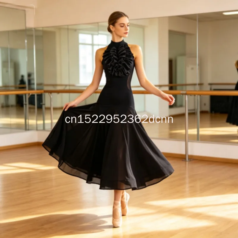 Black Flamenco Sleeveless Dance Dress Standard Ballroom Waltz Adult Modern Dance Dress Prom Suit Stage Costume Competition