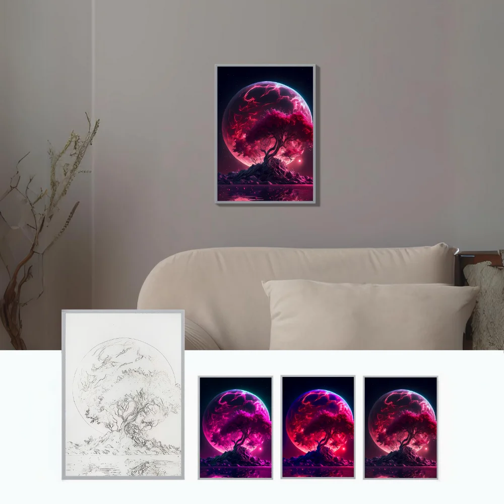 HD misterioso albero fortunato lampada da notte a LED pittura, USB dimmerabile ricaricabile, cornice gotica per decorazioni per la casa, regalo unico con luce d'atmosfera