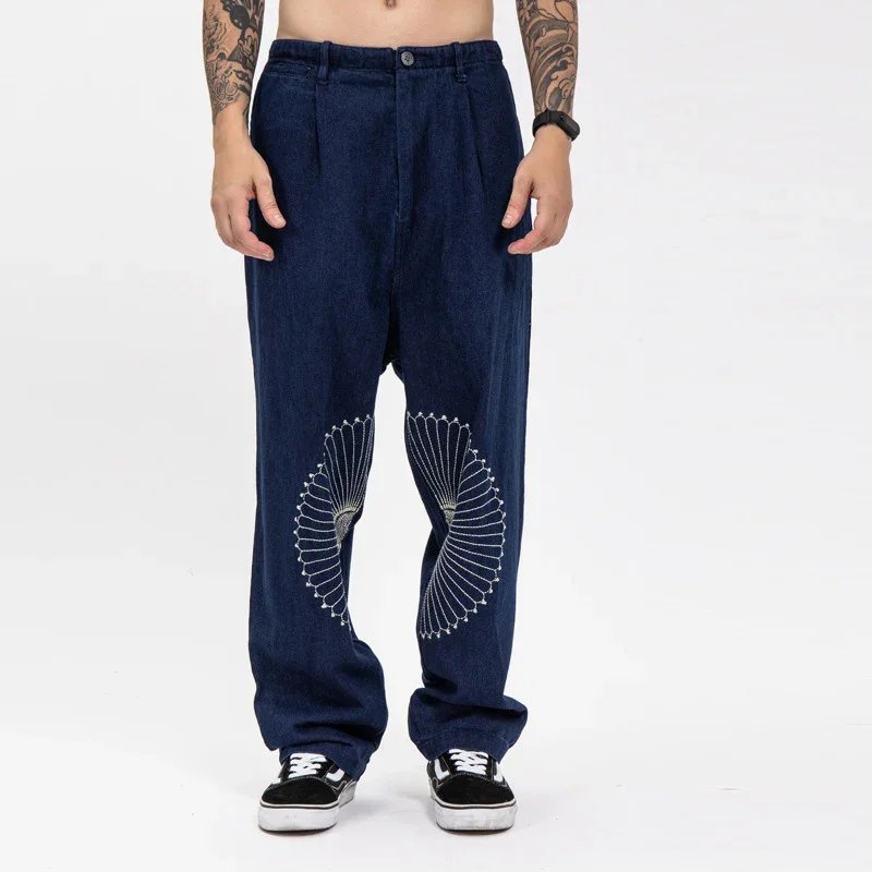 Japanese Fashion Kapital Hirata Hehong Embroidered Casual Printed Pants Trend Versatile Vintage Loose Jeans Men Trousers