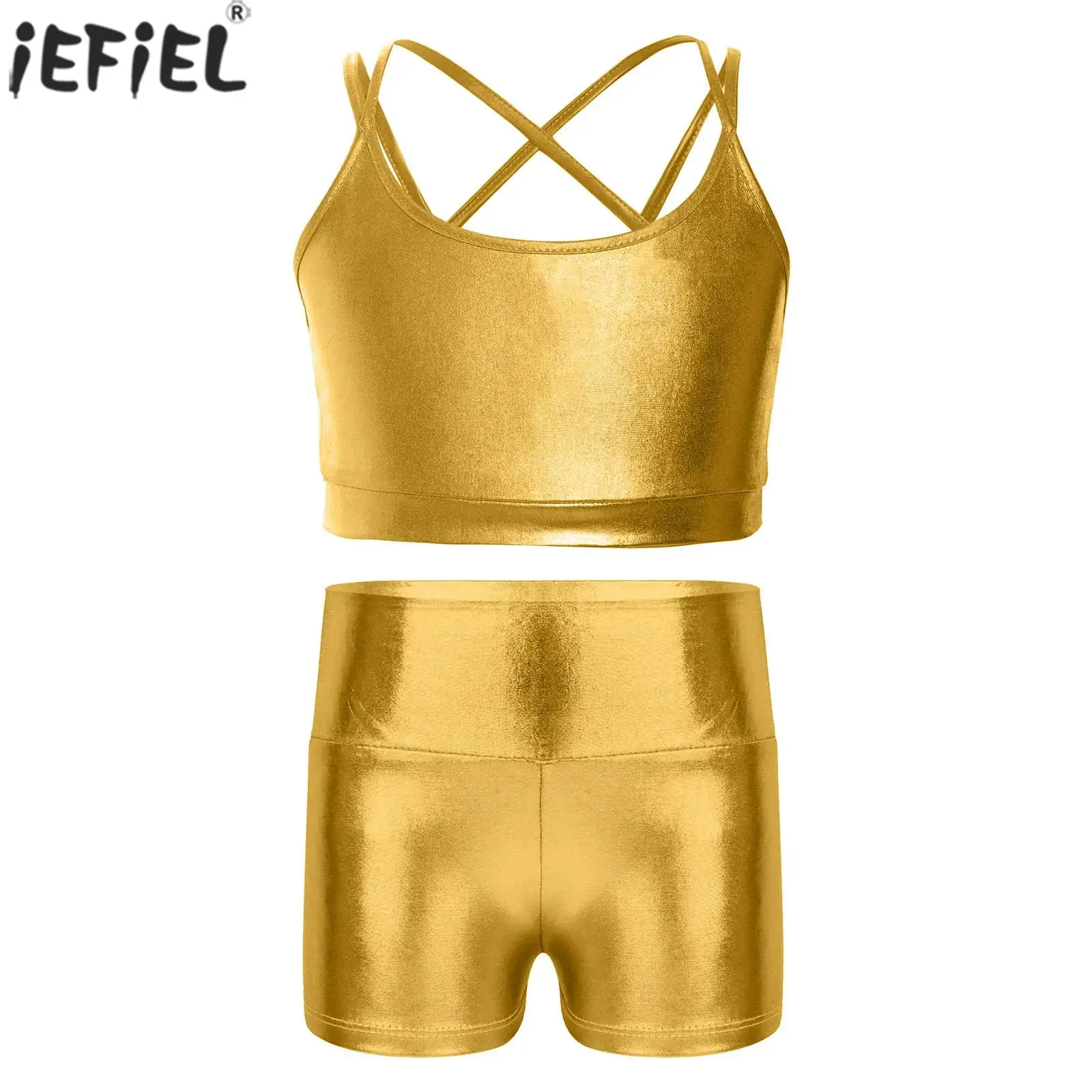

Kids Girls Metallic Jazz Dance Crop Top with Shiny Shorts Ballet Workout Fitness Gymnastics Figure Skating Performance Dancewear